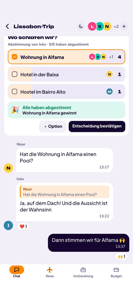 Der Chat mit einer Abstimmung und einer Antwort