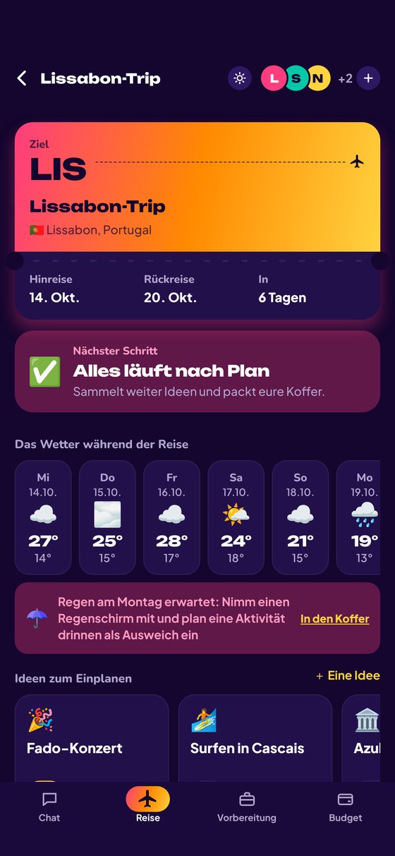 Der Tab „Reise“ im Dark Mode