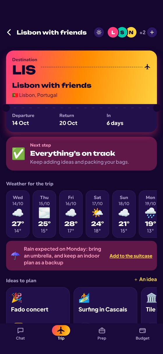The Trip tab in dark mode