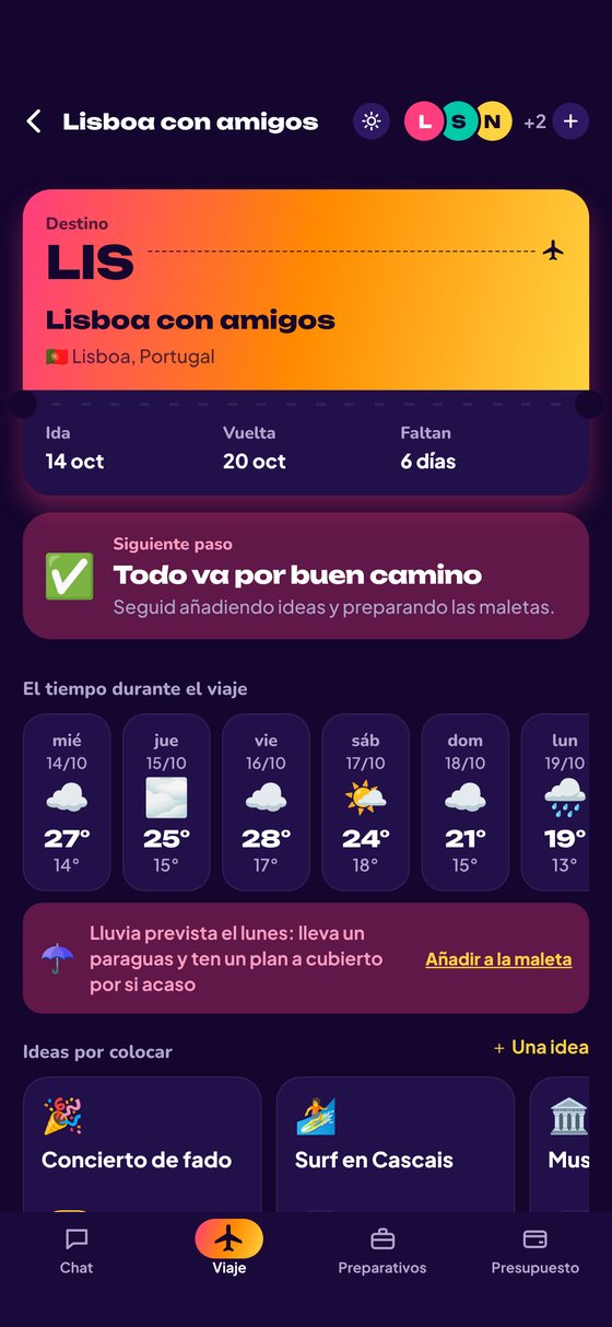 La pestaña Viaje en modo oscuro