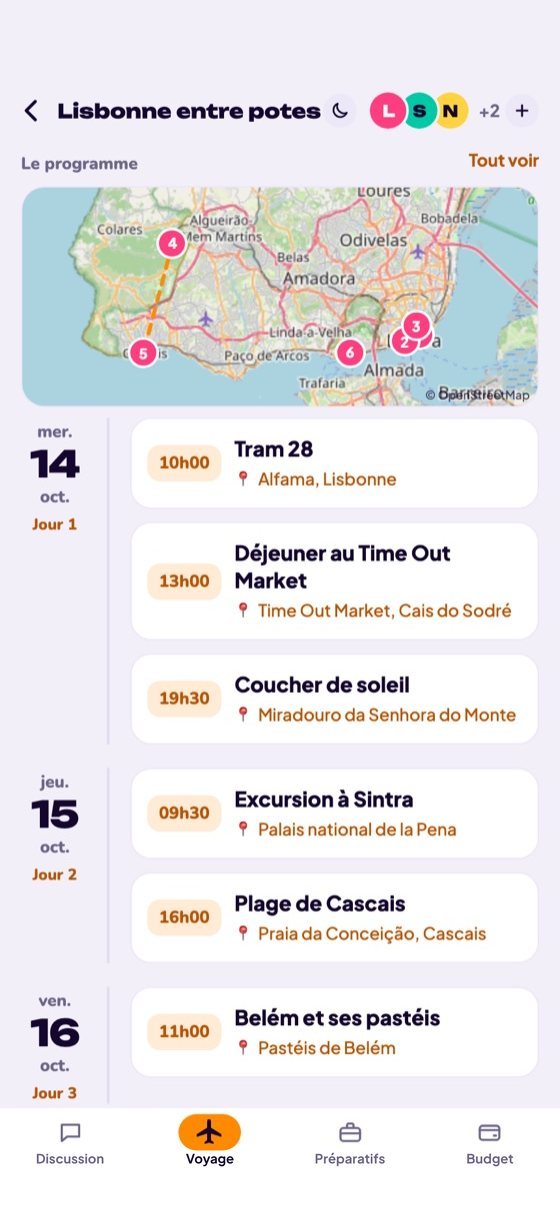 Programme du voyage sur une carte dans Traveli