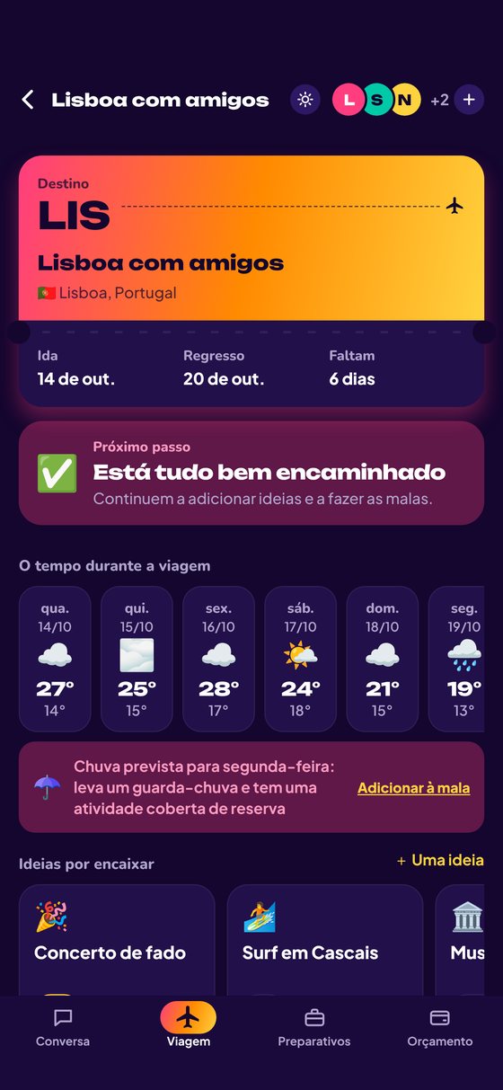 O separador Viagem em modo escuro