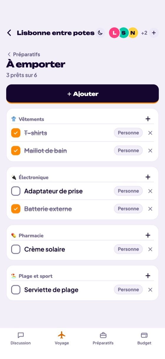 Liste « À emporter » partagée dans Traveli